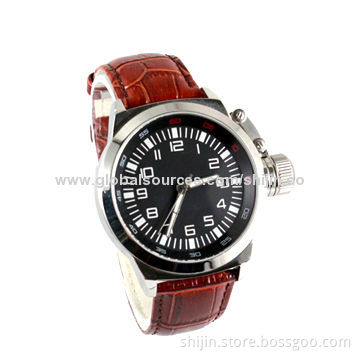 Stainless steel watch with genuine leather band for men